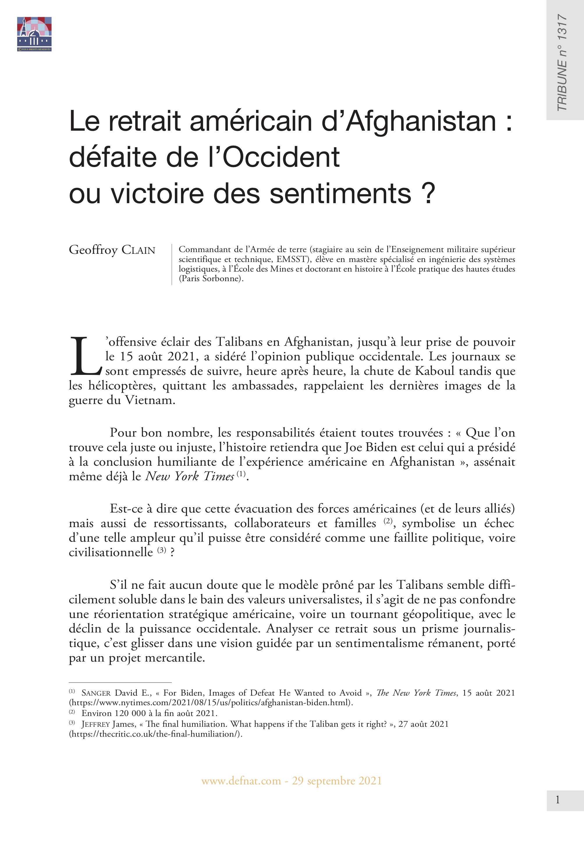 Le retrait américain d’Afghanistan : défaite de l’Occident ou victoire des sentiments ? (T 1317)
